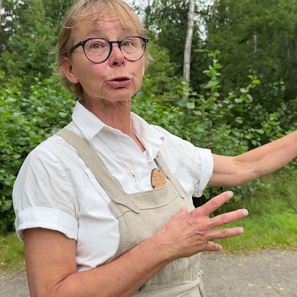 Margareta Edström pekar mot skogen som Strängnäs stift vill avverka.