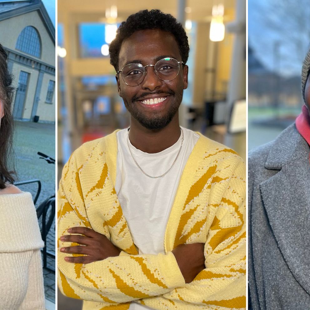 Tre individer visas i en delad bild. Den första till vänster bär en vit, off-shoulder tröja och står framför ett fönster med utsikt mot en byggnad. I mitten står en person med armarna korsade, iförd en ljus beige tröja med gula mönster. Till höger syns en individ i en röd hoodie under en grå kappa, uppställd utomhus med ett träd i bakgrunden.
