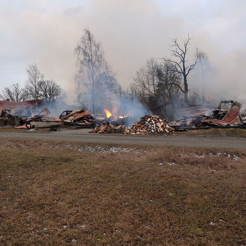 Rök och flammor stiger från en nedbrunnen byggnad på landsbygden, omgiven av barsträckta träd och fält.