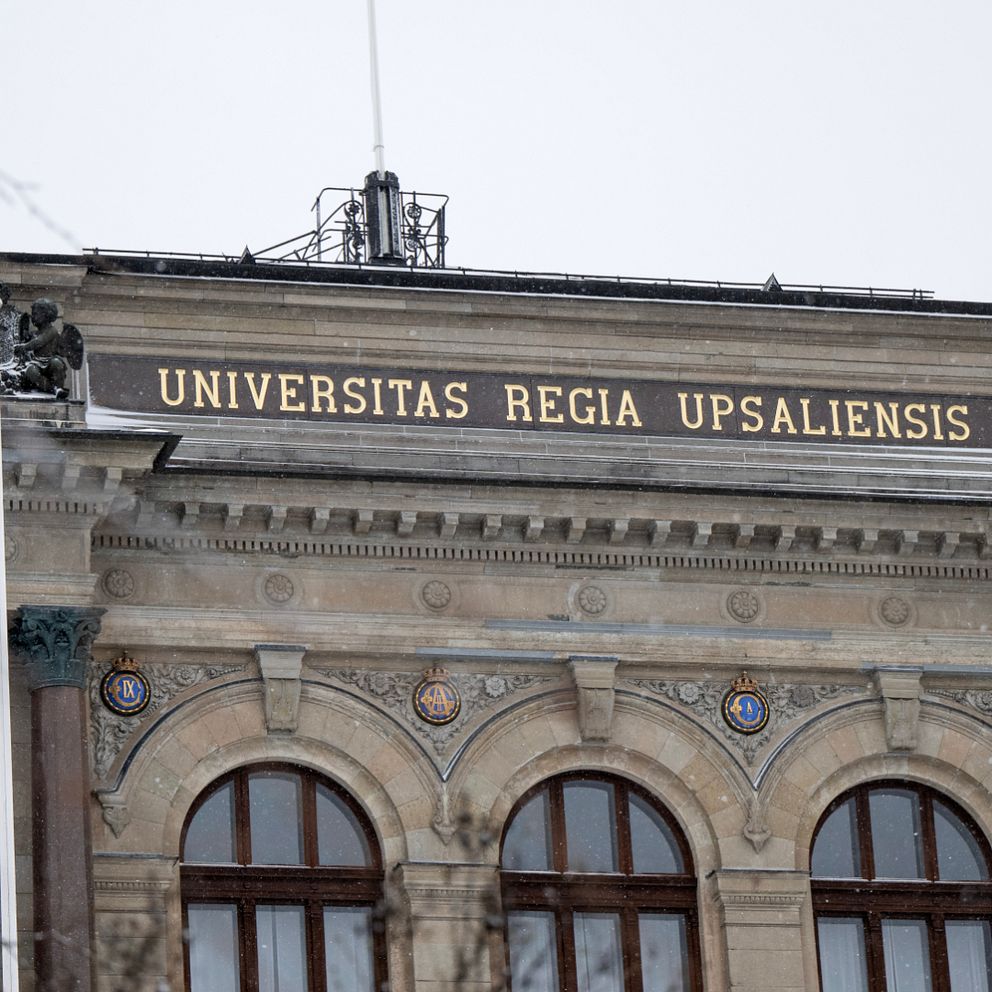 Fasaden av Uppsala universitet med texten ”Universitas Regia Upsaliensis” ovanför ingången, omgiven av snöiga trädgrenar.