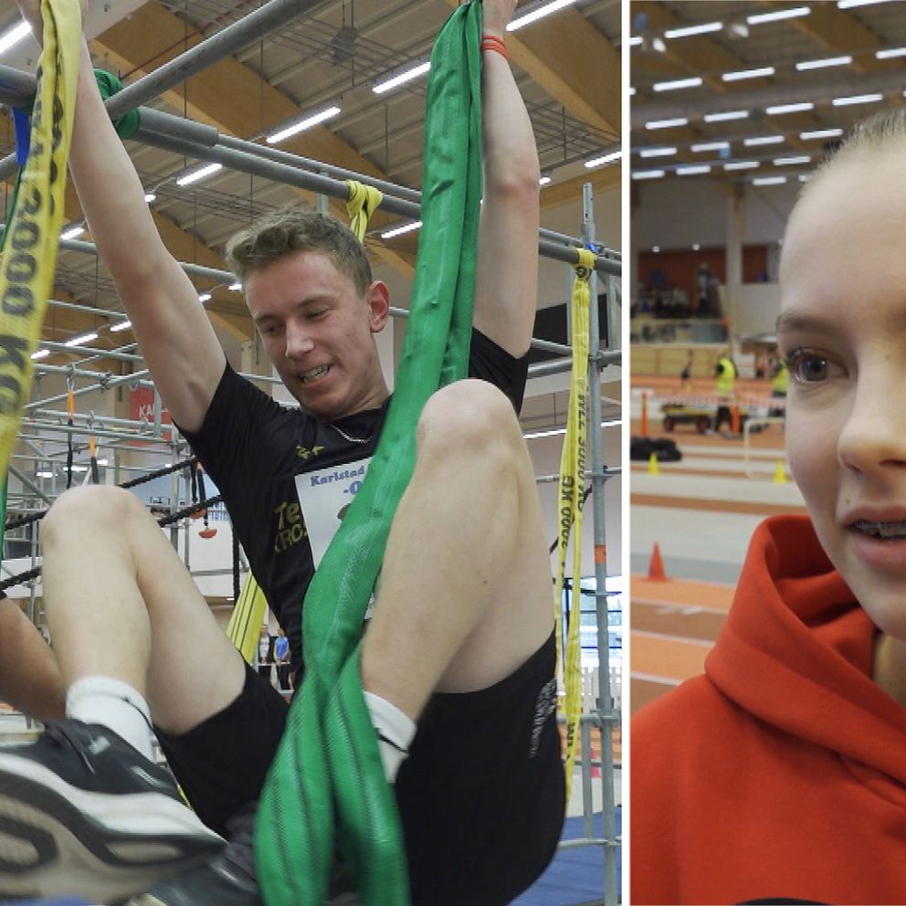 Delad bild. Vänster: Person klättrar i en hinderbana med långa band. Höger: Person i röd hoodie i idrottshall.