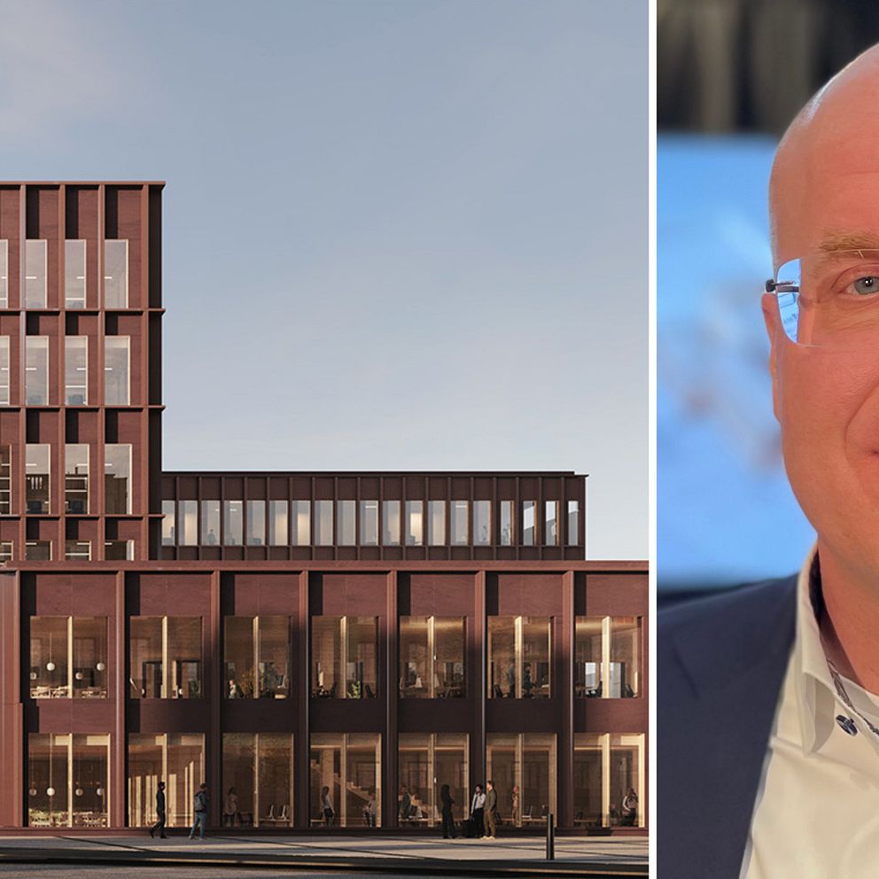 Tvådelad bild: Ritning på Hitachis nya byggnad och en närbild på den svenska vd:nTobias Hansson.