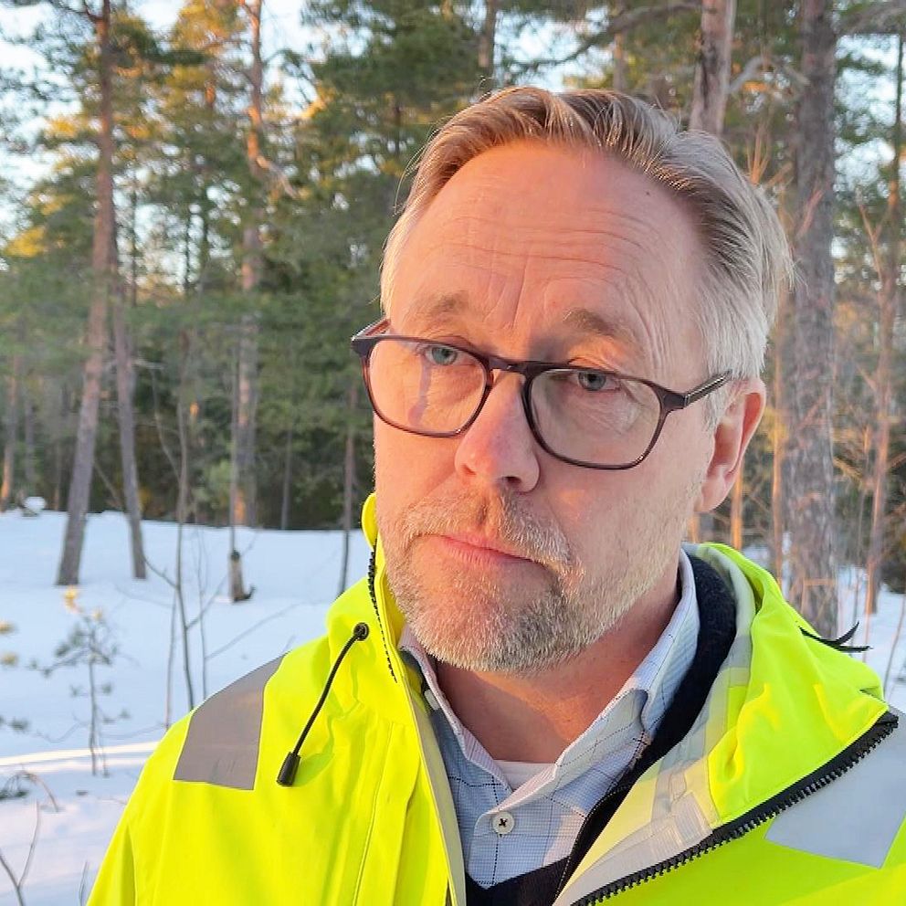 Person i neongul jacka i snöigt skogsområde.