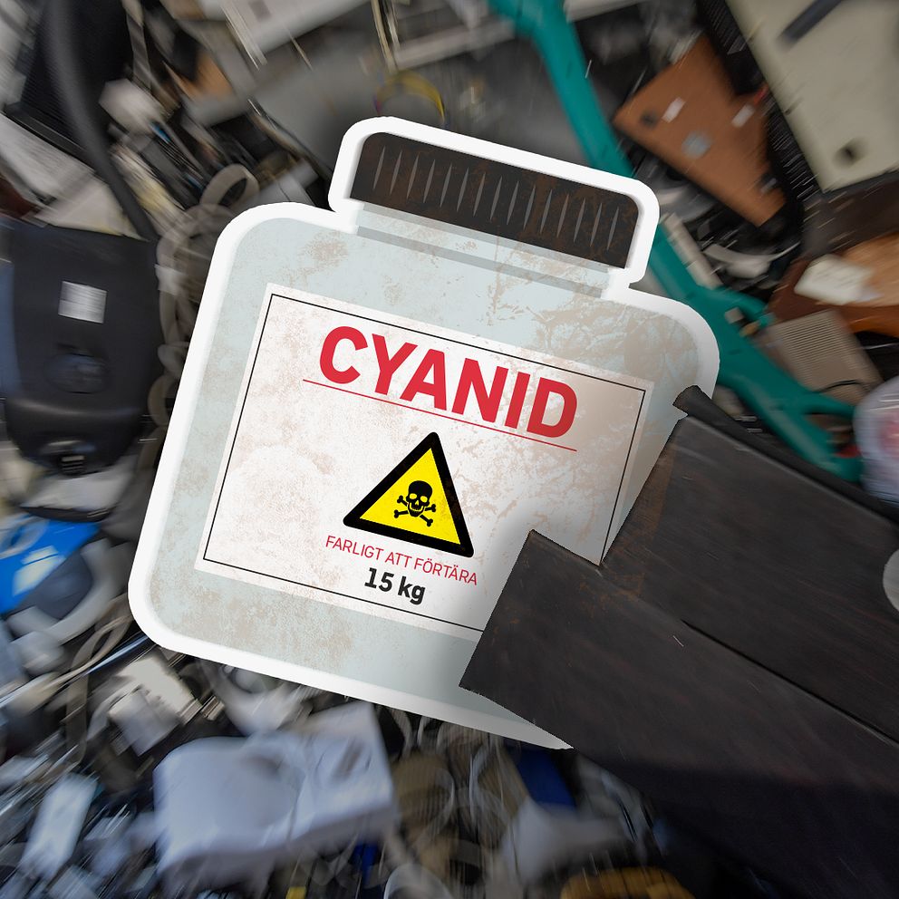 Burk med cyanid över skräp