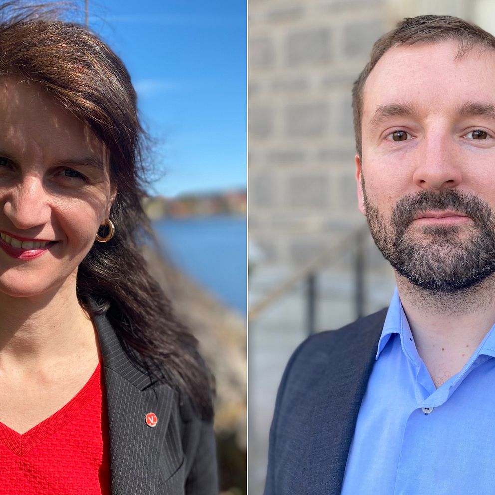 Bilden är delad i två. Det är porträttbilder på Maria Chergui, gruppledare för Vänsterpartiet i Eskilstuna, och Kim Fredriksson gruppledare för Sverigedemokraterna i Eskilstuna. Den vänstra är på Maria och den högra på Kim.
