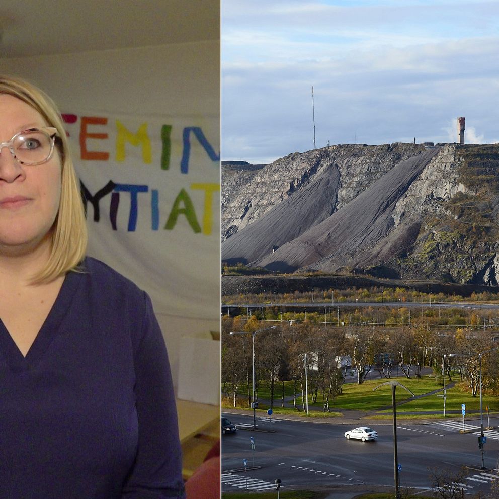 en kvinna med glasögon framför en målad banderoll, samt vy över gamla Kiruna mot gruvan