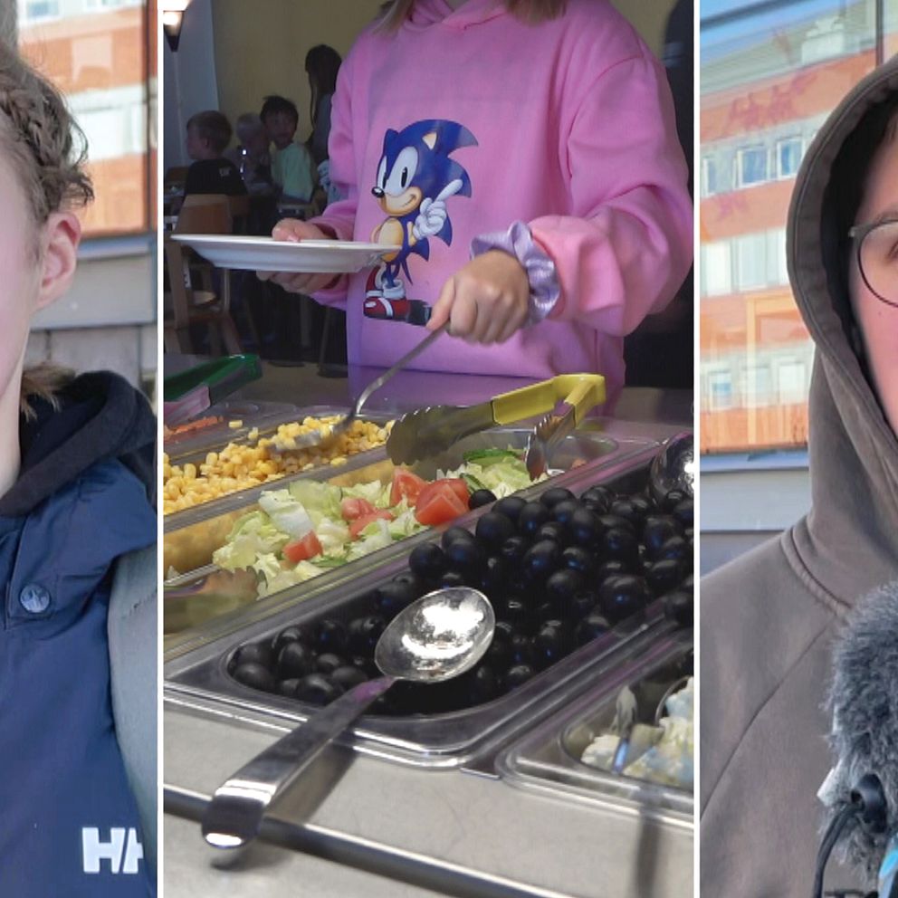 tredelad bild med porträtt på en tjen och en kille, samt barn som tar mat i salladsbuffé