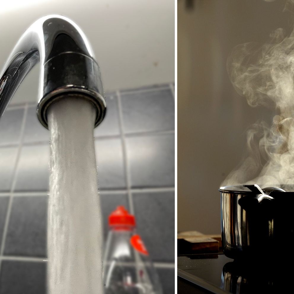 Första sektionen visar en glänsande kökskran med rinnande vatten, och andra sektionen visar en kastrull som kokar med ånga som stiger upp, vilket indikerar att vattnet inuti värms upp.