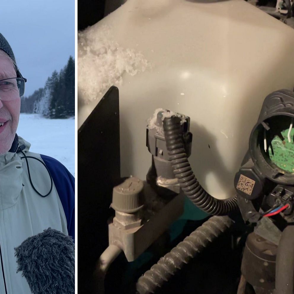 Bertil Funck, bilägare i Piteå i bild till vänster. Iklädd mössa och ljus jacka. Till höger bild från inifrån motorhuven på hans bil.