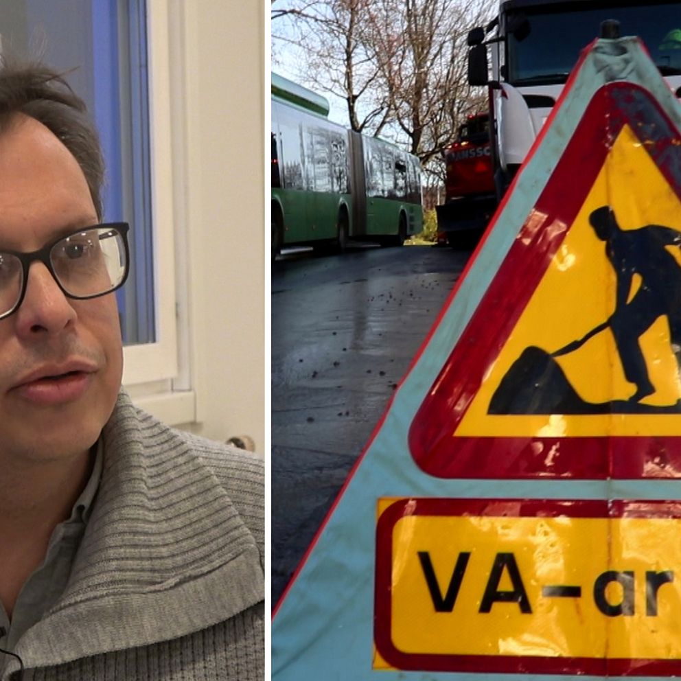 Magnus Bäckström till vänster. En varningsskylt på en gata där det står ”VA-ARBETE”.