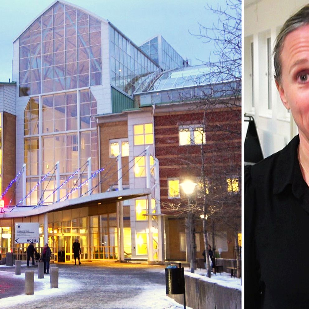På bilden ser du entrén till Sunderby sjukhus i Luleå samt enhetschefen Moa Bjerner.