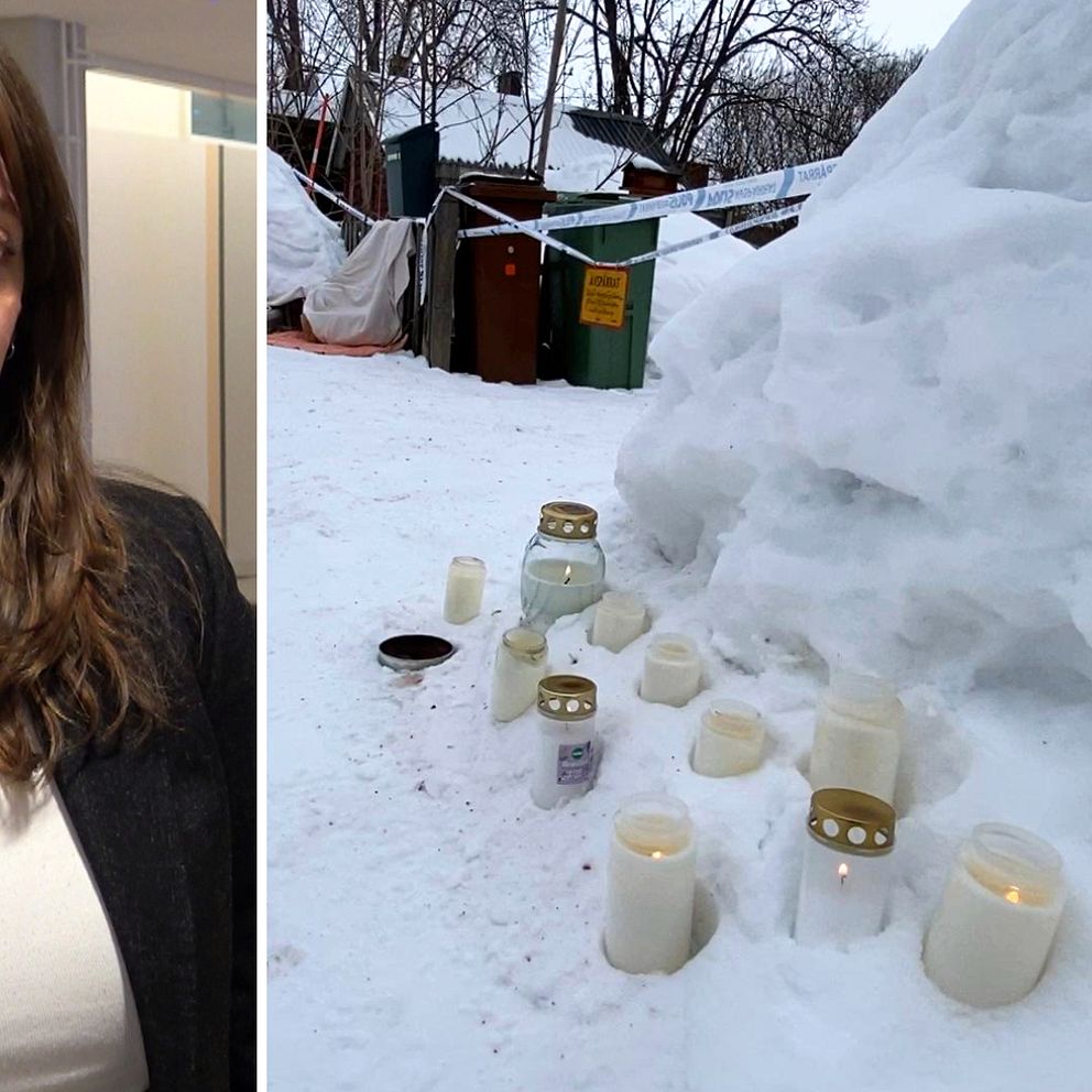 I bilden ser man ljus som tänts utanför bostaden. Avspärrningarna framför infarten och ett kattboende som byggts upp på andra sidan infarten. Dessutom åklagare Åsa Valter till vänster.