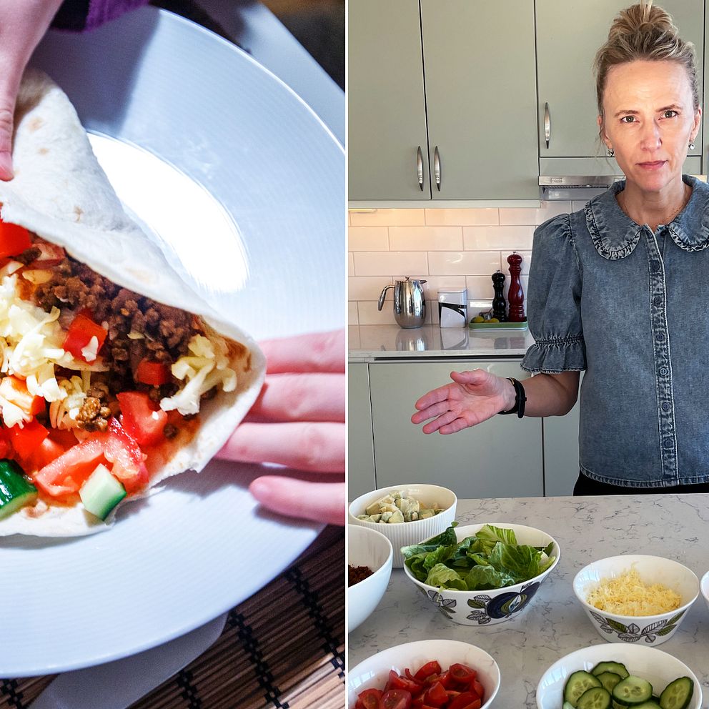 SVT:s reporter visar upp ingredienser till tacos och förklarar inflationens påverkan.