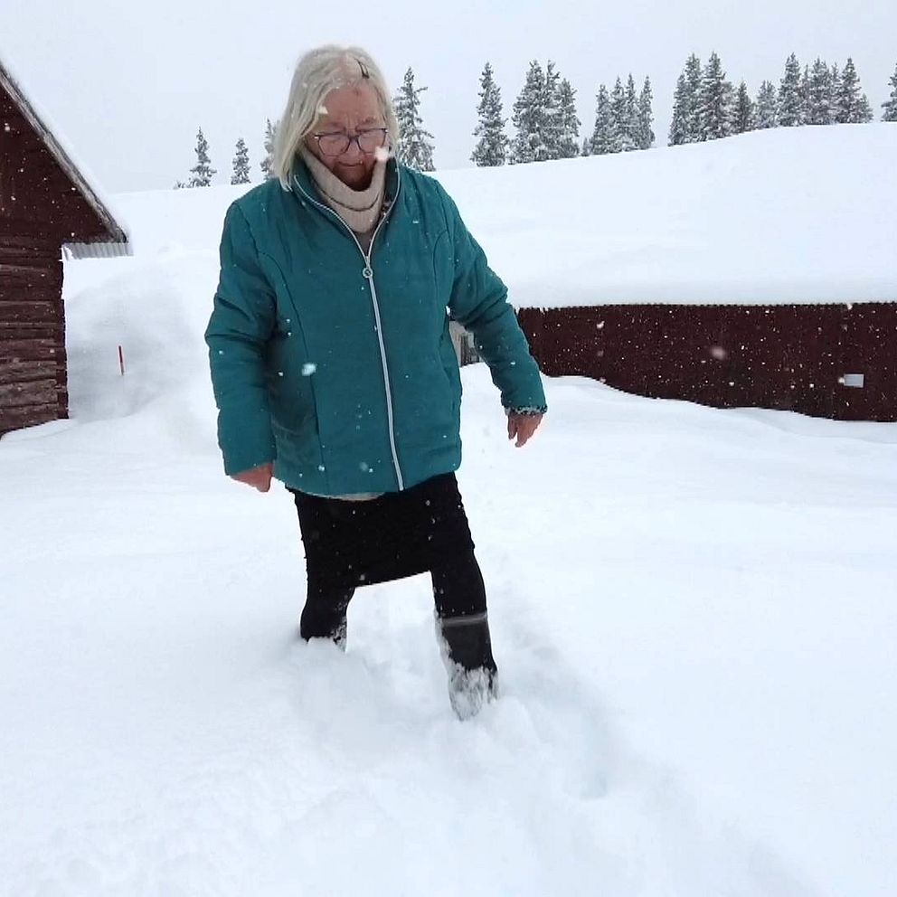 Gunilla i Gördalen pulsar genom snön som fallit senaste dagarna. Snödjupet var ungefär 120 centimeter på torsdagen.
