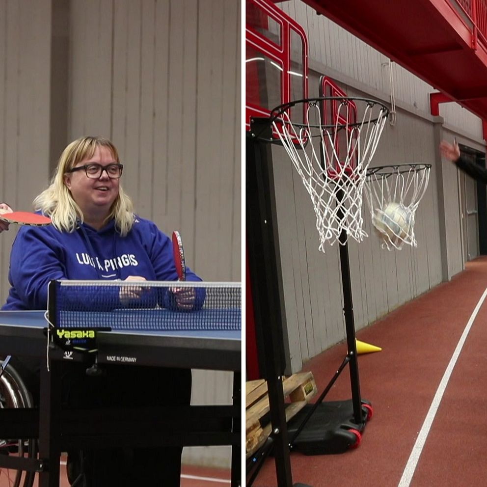 Till vänster: En flicka och en vuxen kvinna i rullstol spelar pingis i Arcushallen på Special Olympics School Day. Bild till höger: En ung kvinna iklädd träningskläder gör mål i basketkorgen med en boll.