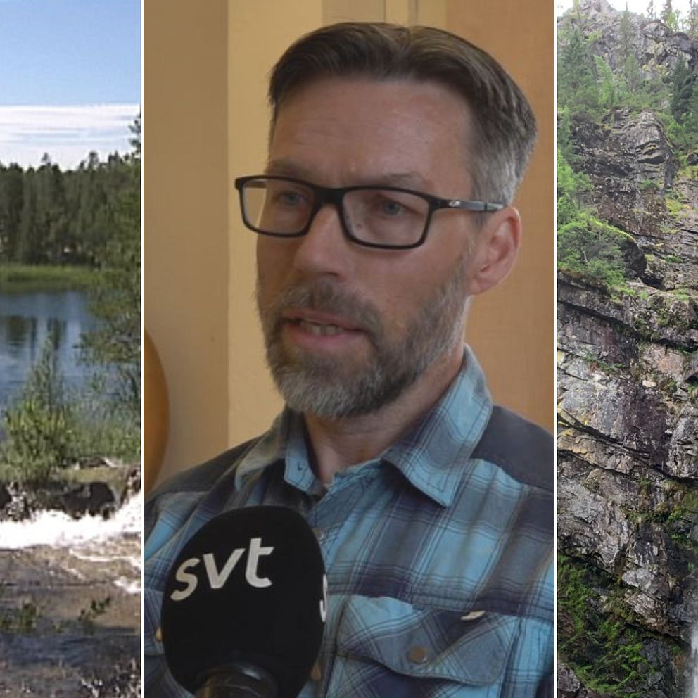 Kollagebild med tre bilder föreställande ett vattendrag med skog och ett vattenfall. Den ena bilden är en porträttbild på en man med skägg och glasögon.