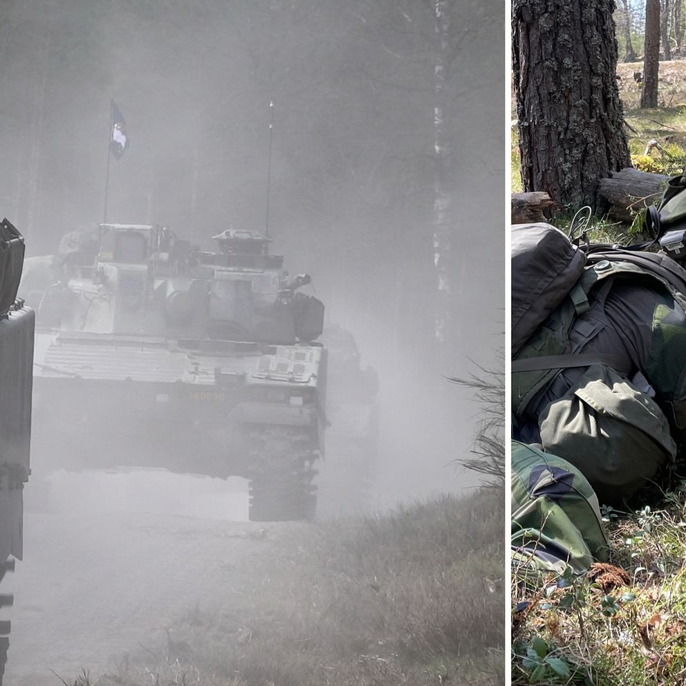 Delad bild, två stridsvagnar till vänster och soldat i camouflage som söker skydd till höger.
