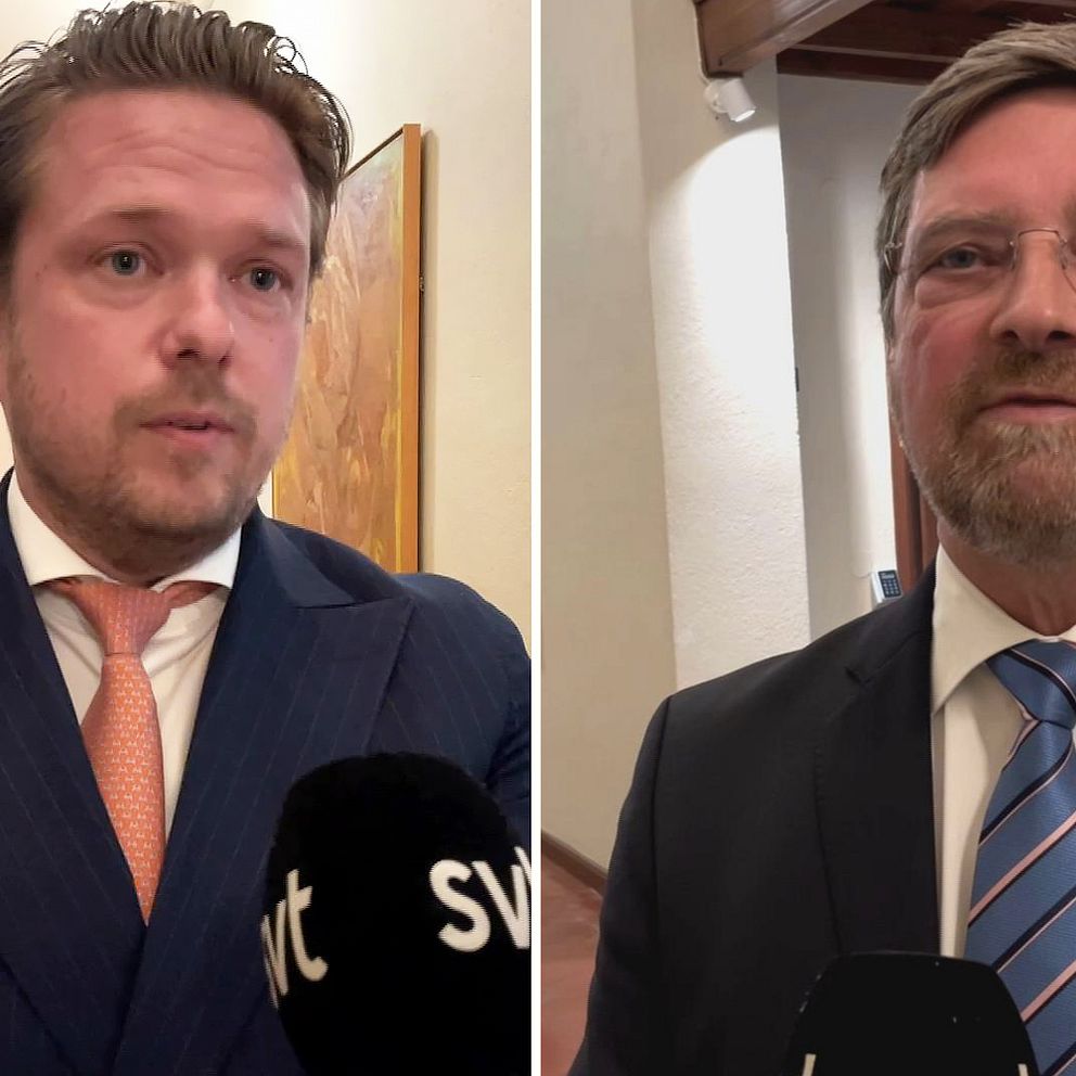 Två advokater i en splitbild.