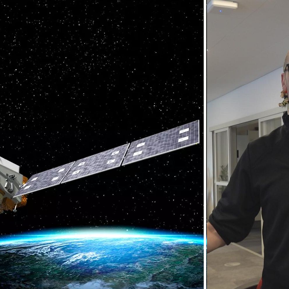 Bild på en satelllit som söker efter bränder i rymden och bild på vakthanade befäl Tobias Joseffon på Räddningstjänsten Sydost.