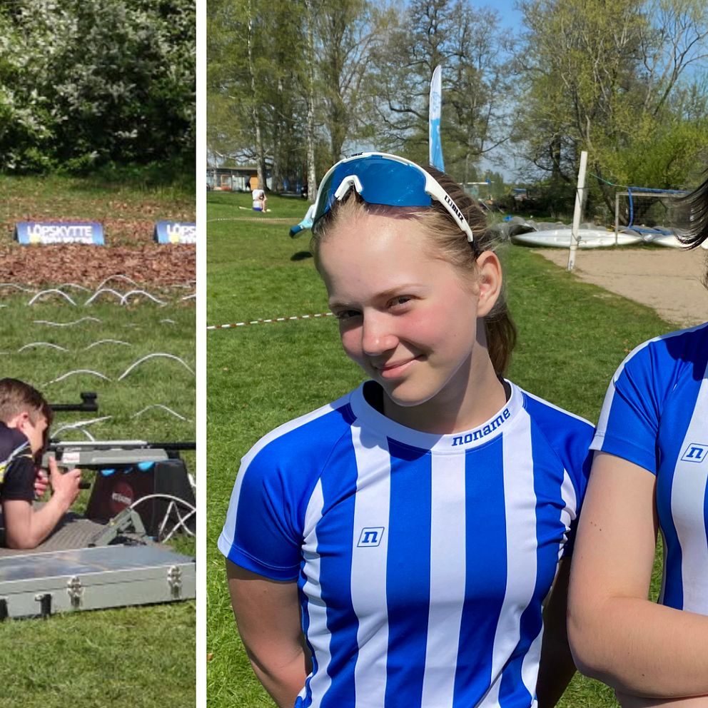 Splitbild på tjejer och killar som deltagit i kanotskyttetävling