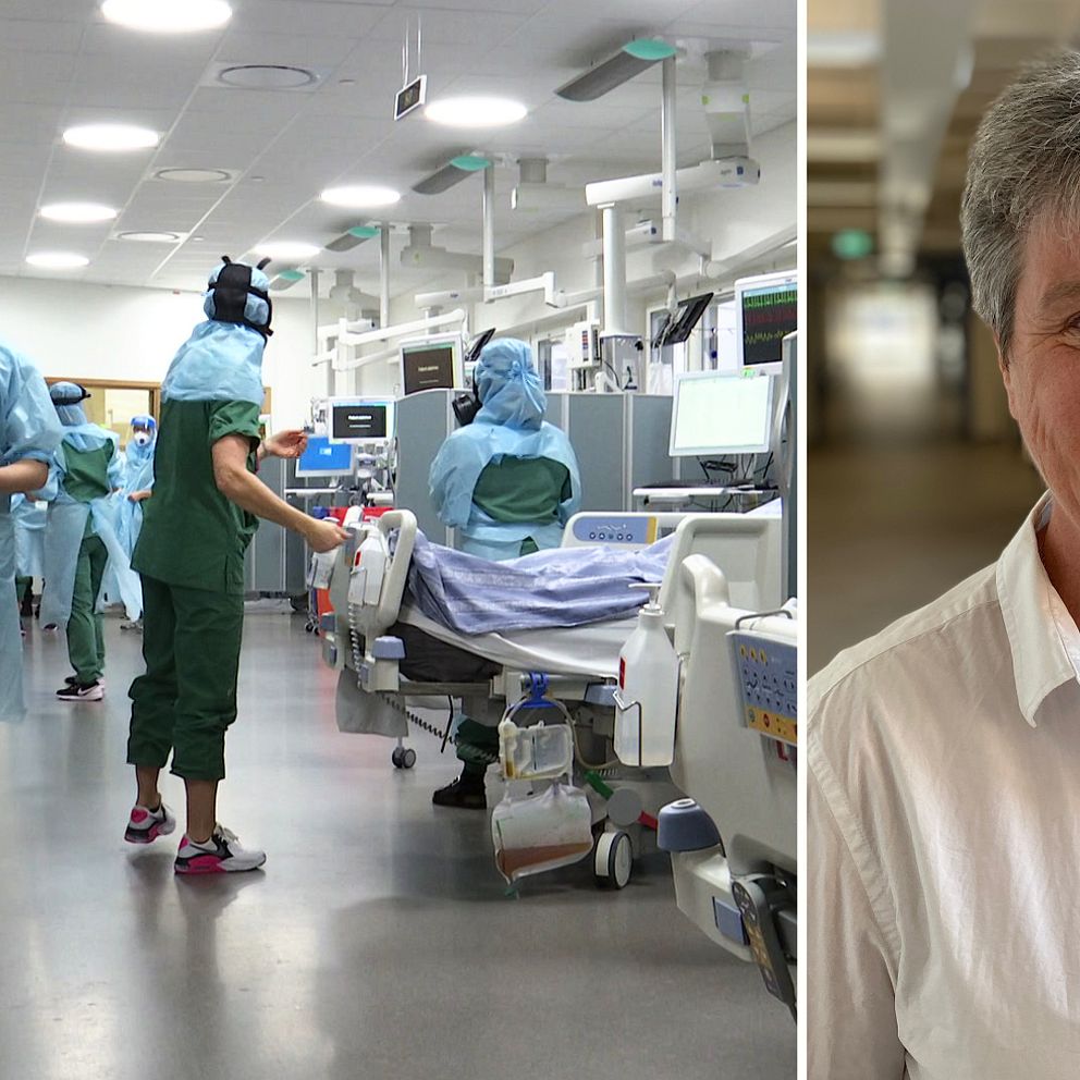 Till vänster: sjukvårdspersonal iklädda skyddskläder och gasmasker jobbar på en vårdavdelning. Till höger: Bild på professorn Åsa Engström som står i en hall och ler in i kameran.