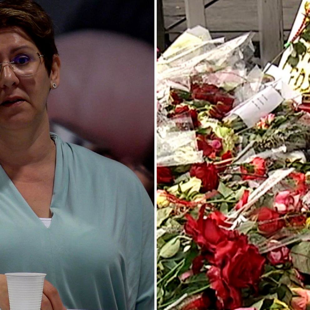 Tvådelad bild: Katerina Petrović och blommor och ljus efter en dödsskjutning.
