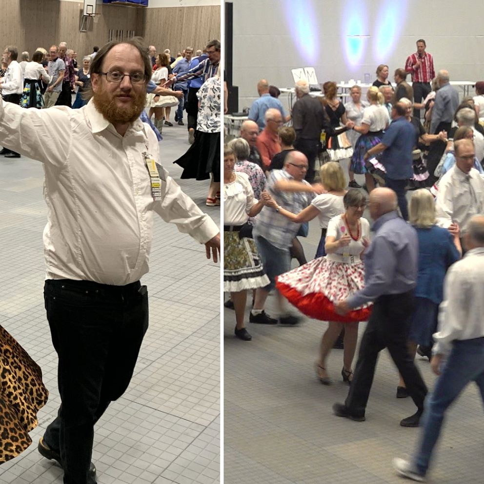 Natalie och Björn Strand dansar, hon bär en vid kjo och han byxor, båda har vita skjortor på sig, delad bild på mångamänniskor som dansar