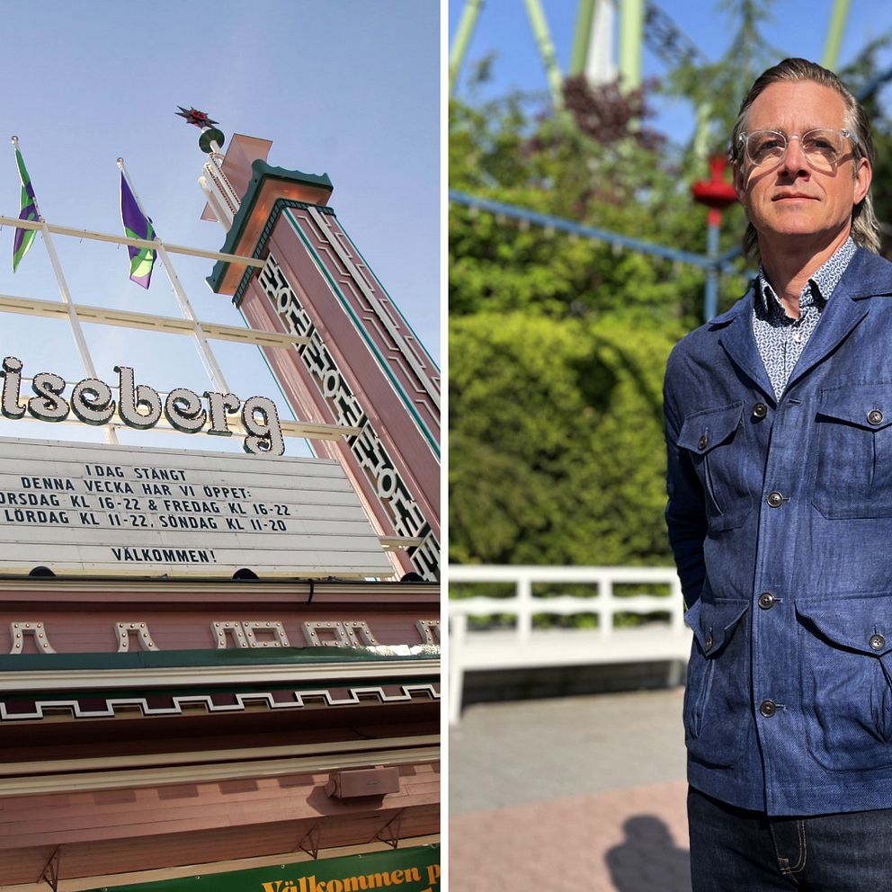 Delad bild. Till vänster syns entrén till Liseberg i Göteborg. Och till höger står Mårten Westlund, PR- och kommunikationschef på Liseberg i en blå skjorta i solljuset.