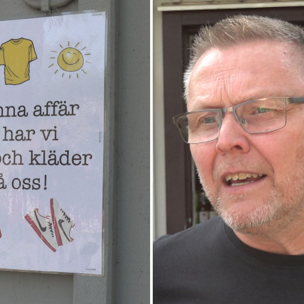 Till vänster: Skylt med orden ”I denna affär så har vi skor och kläder på oss”. Till höger: Butiksägaren Pär Renevall.