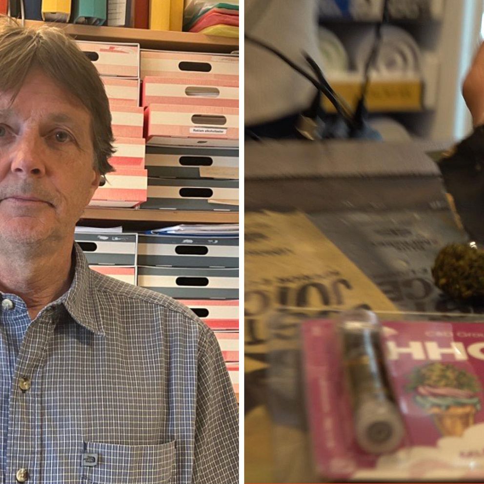 Anders Helander, beroendeforskare, och bild på HHC vid en disk i butik.