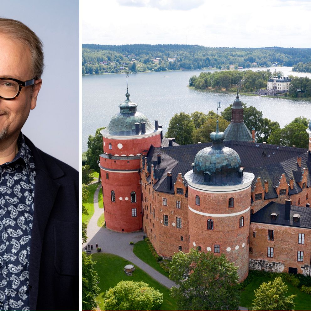 Delad bild. Till höger syns en man, Fredrik Lindström, med glasögon, mönstrad skjorta och kavaj. Till höger syns Gripsholms slott.
