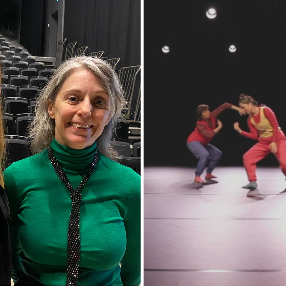Amanda Billberg och Jannine Rivel till vänster. Till höger syns en scen från Jannine Rivels dansföreställning. Tre personer i träningskläder dansar på en scen.