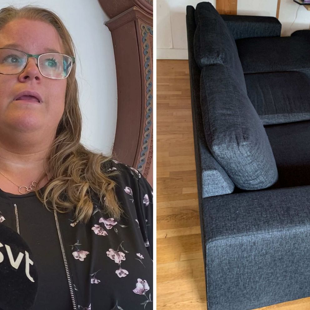 Bilden är ett montage, till vänster ser vi en kvinna , till höger ser vi en svart soffa