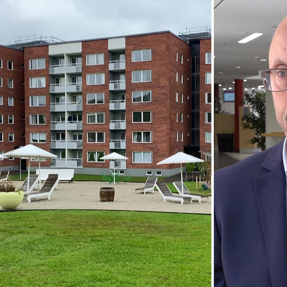 Bilden är ett montage, till vänster ser man mitthems studentbostäder i Sundsvall. Till höger syns Lars-Ove Johansson. Han står inomhus och har glasögon på sig. Han har en kavaj och en blå skjorta.