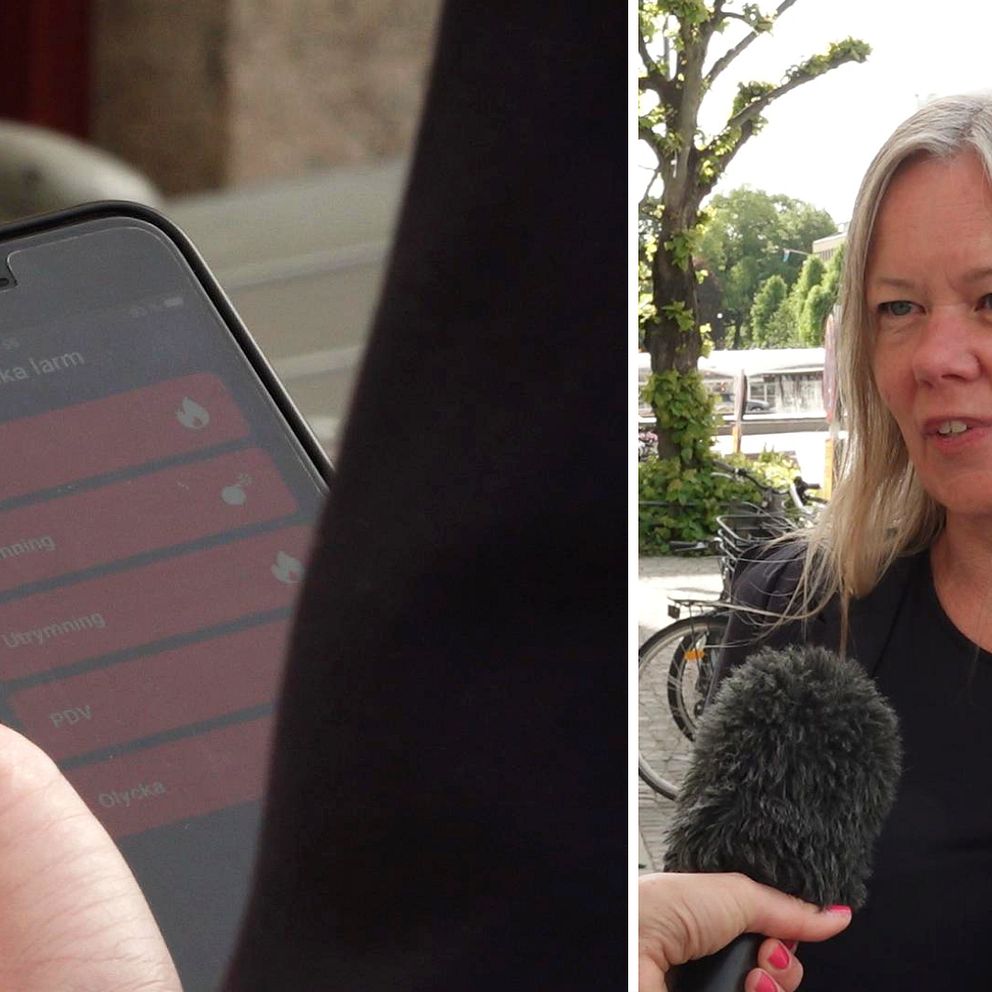 En mobiltelefon med säkerhetsappen och larmfunktionen samt porträtt på Tina Ottosson, verksamhetschef för gymnasiet.