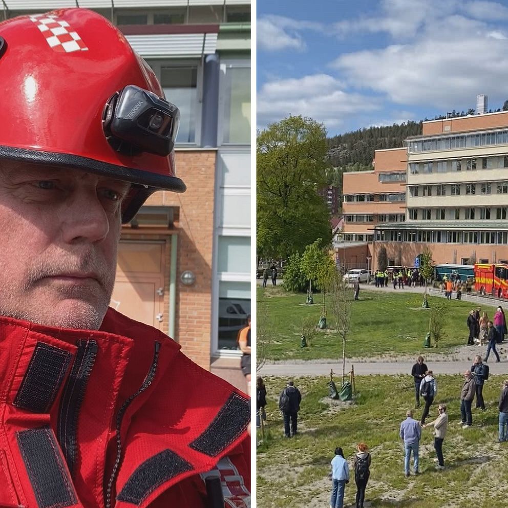 Bilden är ett montage. Till vänster syns insatsledaren Tommy Lindgren, han har räddningstjänstens kläder på sig som är röda. Han har en röd hjälm. Till höger syns utsidan av kontorsbyggnaden som evakuerats. Polisbilar och räddningstjänstens fordon syns på bilden.