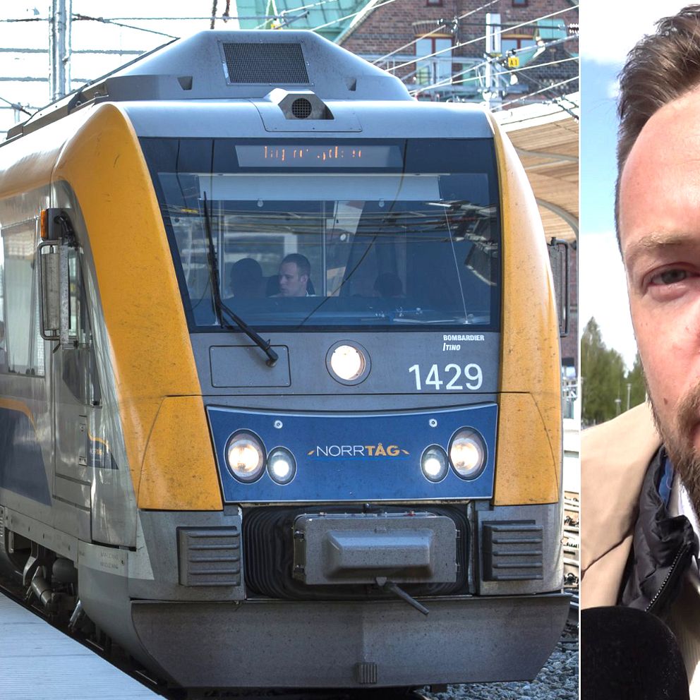 Joakim Berg på Norrtåg och ett tåg som väntar på perrongen.