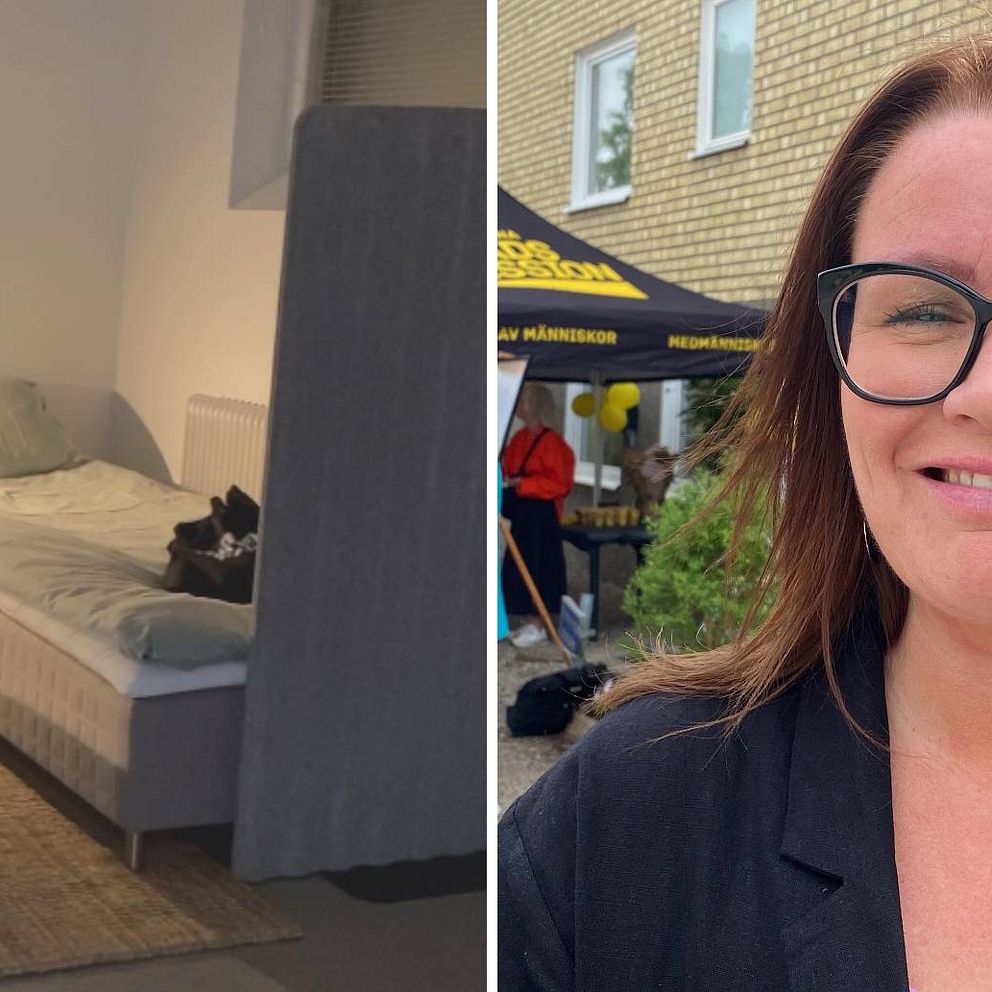 Ett rum där det står en säng och ett litet bord med en lampa i härberget som Eskilstuna stadsmission i samarbete med Eskilstuna kommun driver. Även bild på direktorn Annalie Welin, hon bär stora svarta gasögon och en svart jacka.