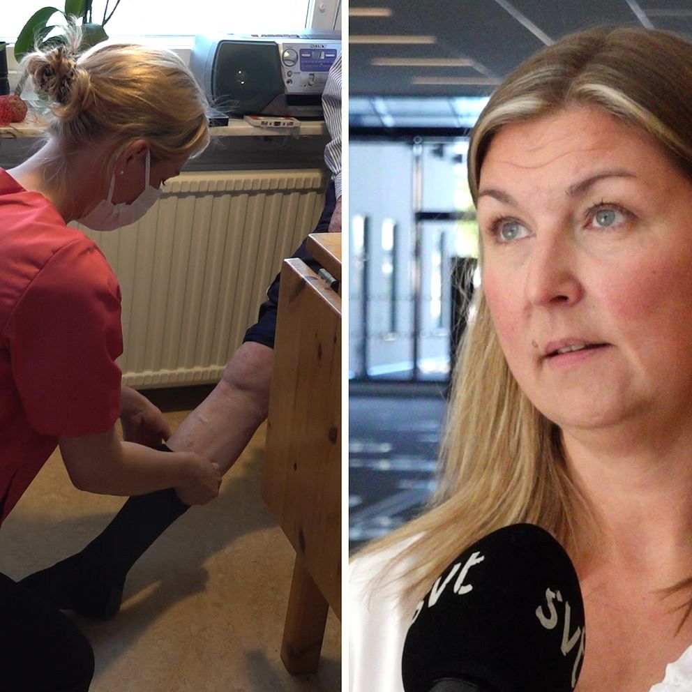 En tvådelad bild. Till vänster en person som hjälper en äldre människa att ta på en strumpa, till höger en porträttbild på Sahra Strandberg.