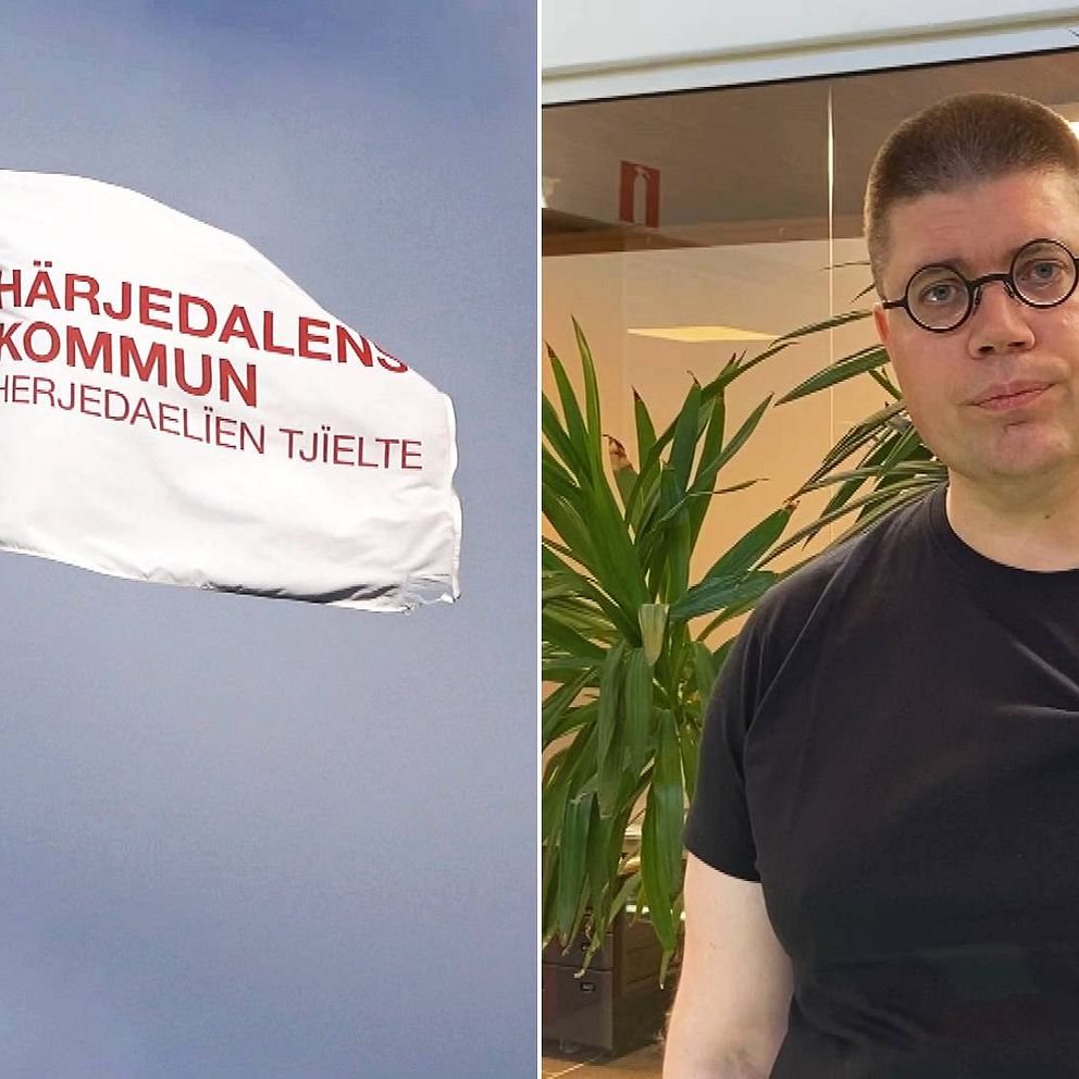 Lars-Gunnar Nordlander kommunalråd i Härjedalens kommun står i svart tshirt och intervjuas av SVT.