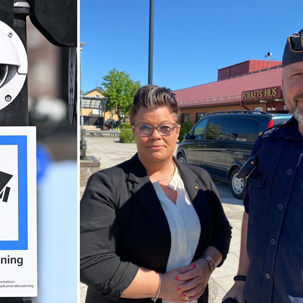 Delad bild med en övervakningskamera och kommunpolisen David Birgestad och kommunstyrelsens ordförande Johanna Olofsson.