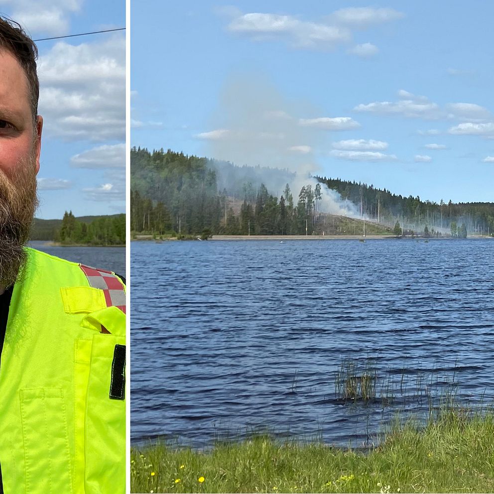 Delad bild. Till vänster: En man från räddningstjänsten, insatsledaren Kristoffer Rodén. Till höger syns rök i en skog.