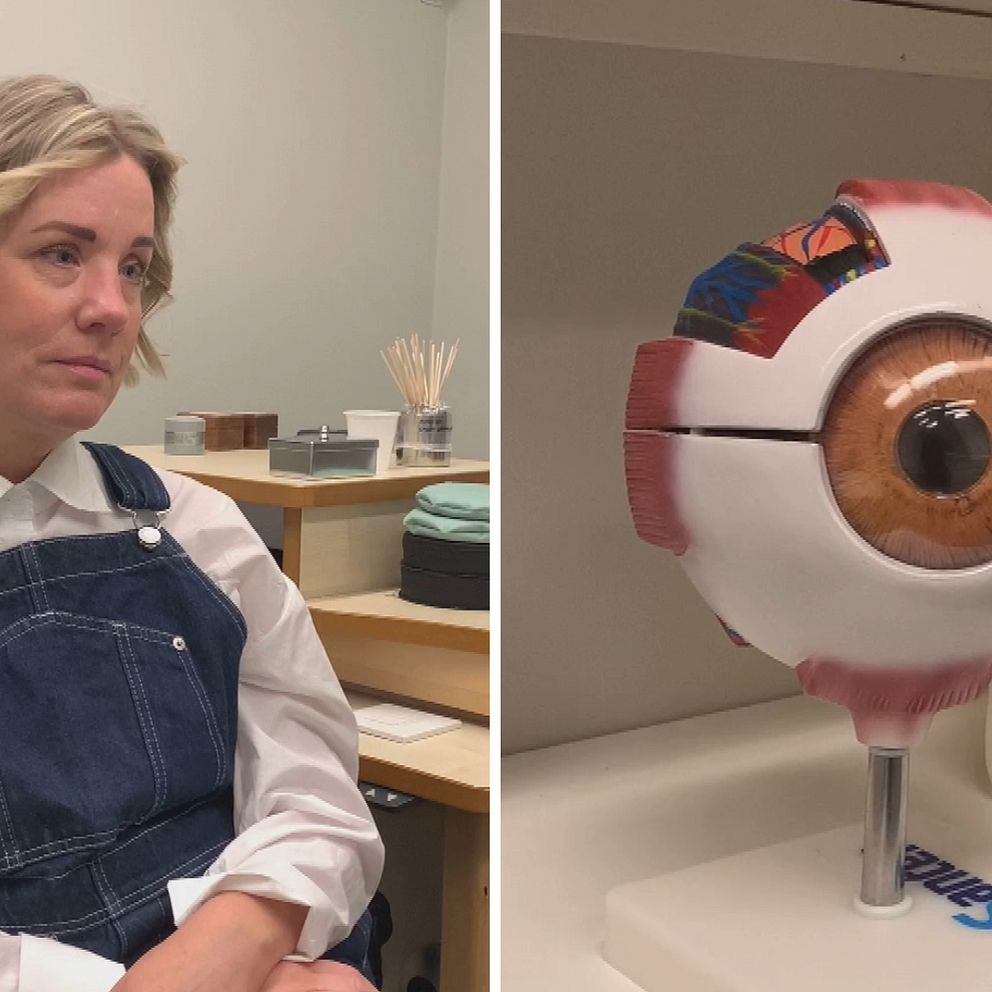 Bilden är ett montage. Till vänster syns Annie Aspvik, hon har blåa snickarbyxor och en vit skjorta på sig. Hon tittar inte in i kameran. Hon har blont kort hår. Till höger syns en bild på ett stort modellöga.