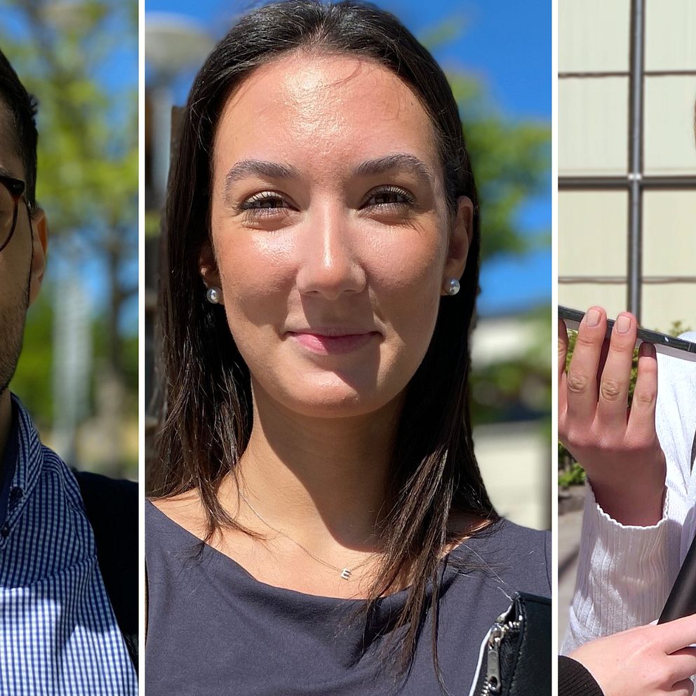 Porträttbild på tre unga personer som svarar på frågor om telefonskräck vid MDU i Västerås.