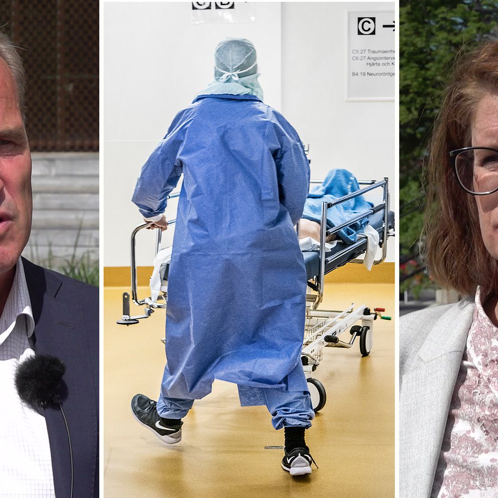 Tredelad bild. Till vänster står en man med kavaj och vit skjorta. I mitten syns en sjuksköterska köra en patient, en genrebild från ett sjukhus, och till höger står en kvinna med glasögon och en bekymrad min.