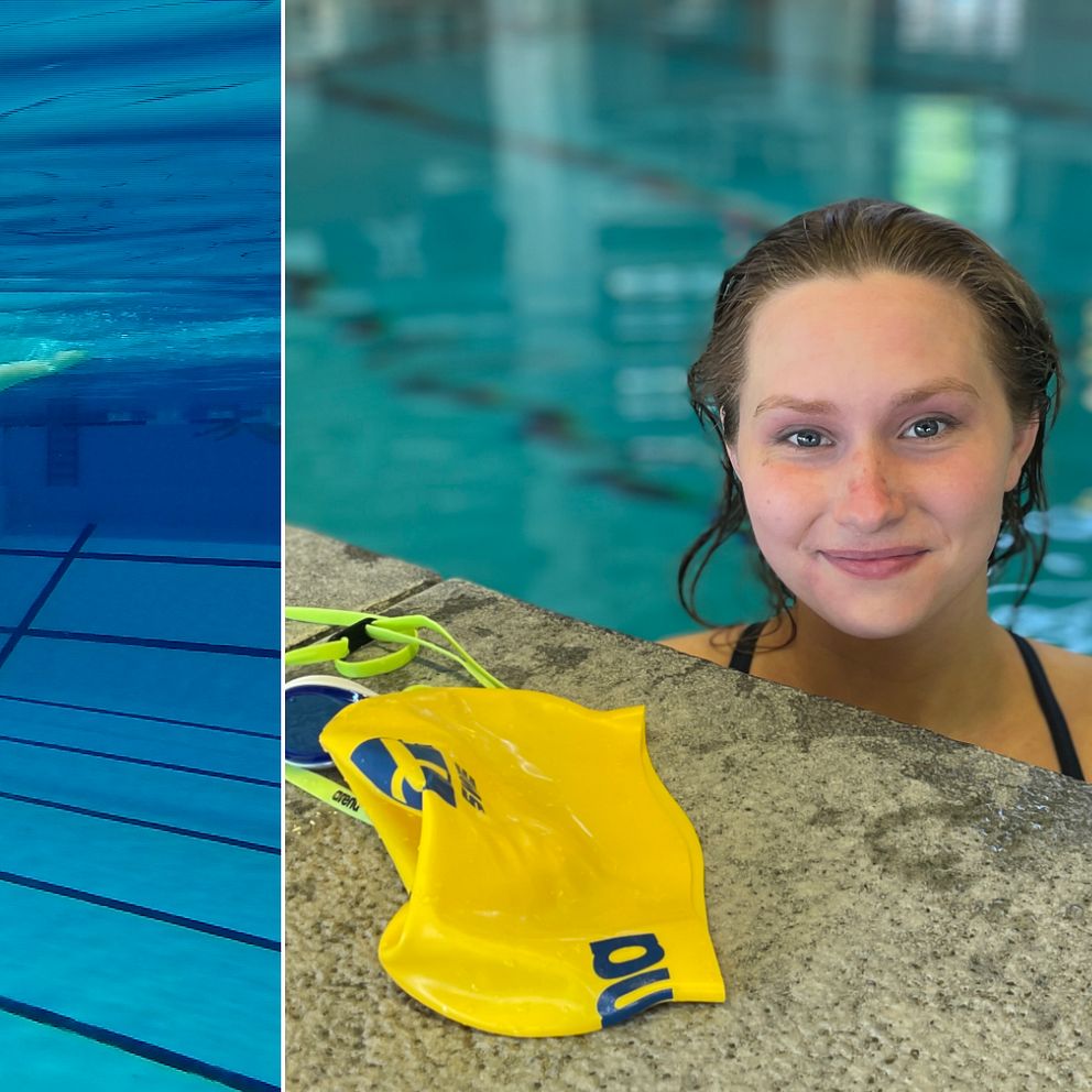Tvådelad bild: Marfa Chragina, en 19-årig tjej i poolen medan hon utövar konstsim, samt med huvudet ovanför vattenytan vid poolkanten.