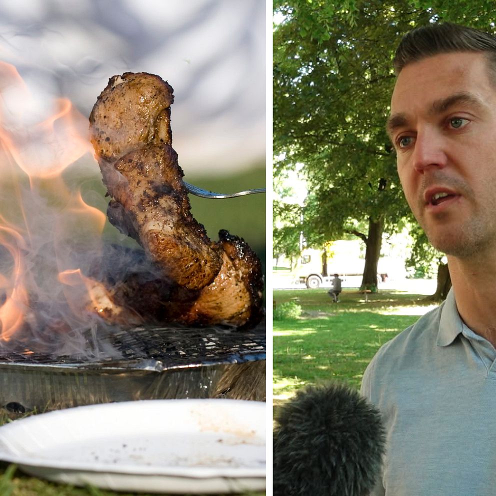Splitbild på en engångsgrill och en man som blir intervjuad.