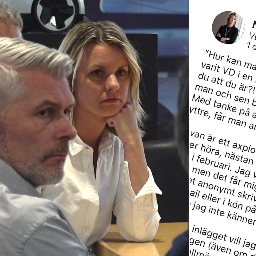 Tre personer med ljuda skjortor till vänster, varav en är Nina Selander, vd för Nevs. Till höger ett inlägg med text på sociala medier.