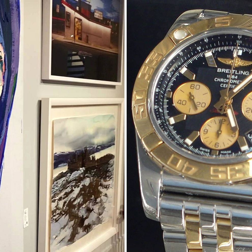 Tvådelad bild: Tavlor på en vägg och ett armbandsur med gulddetaljer från en lyxtillverkare.