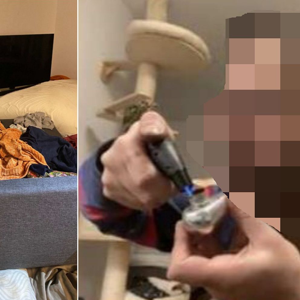 Stökigt vardagsrum till vänster. Till höger en man med blurrat ansikte som röker heroin.